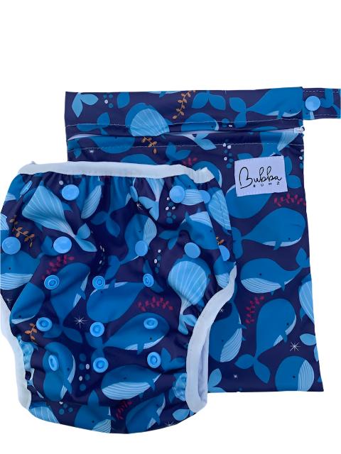 Blue Whale Pod Swim Nappy & Wet Bag Set